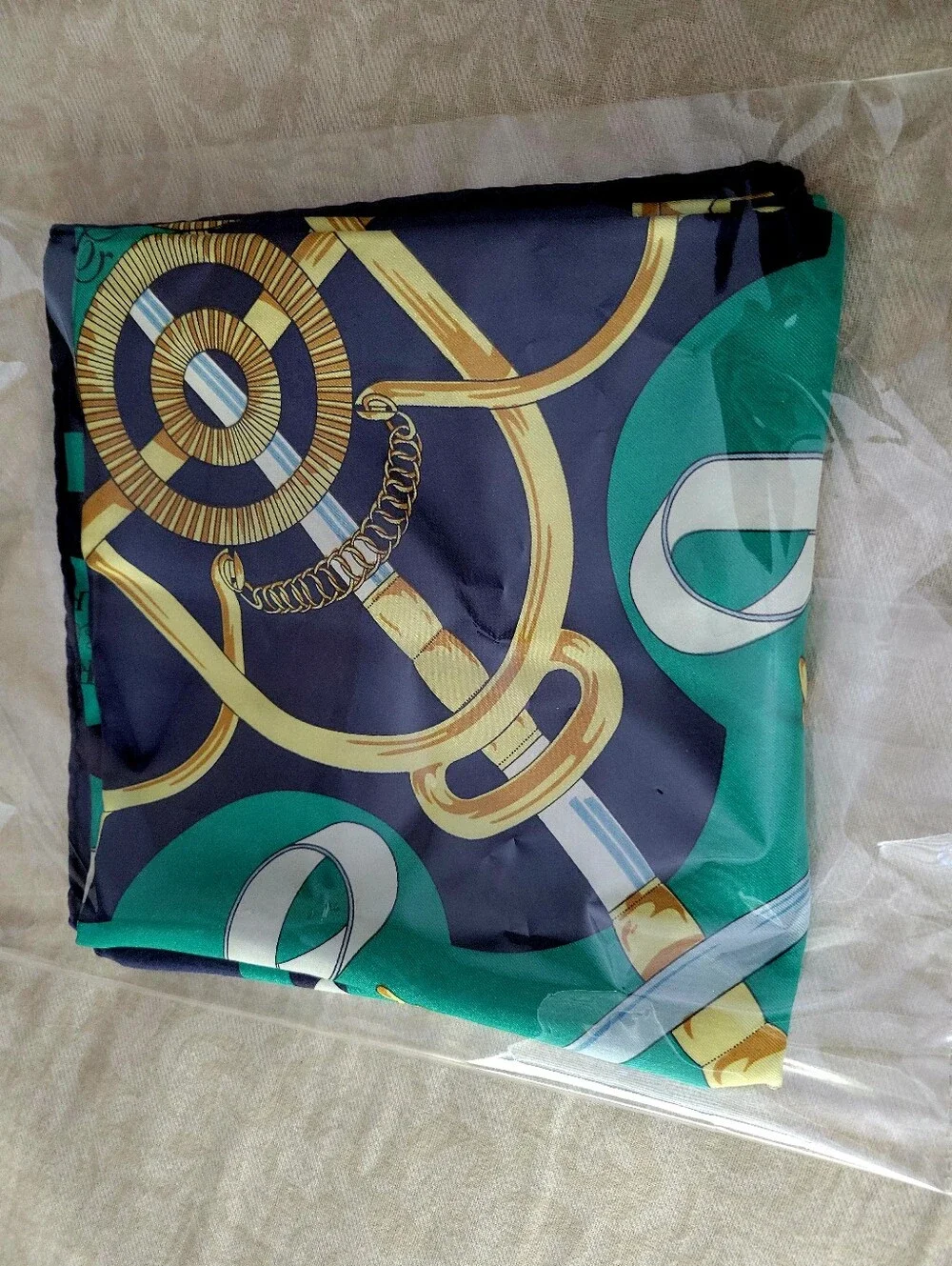 HERMES Esperon D'Or Green & Navy Silk Scarf